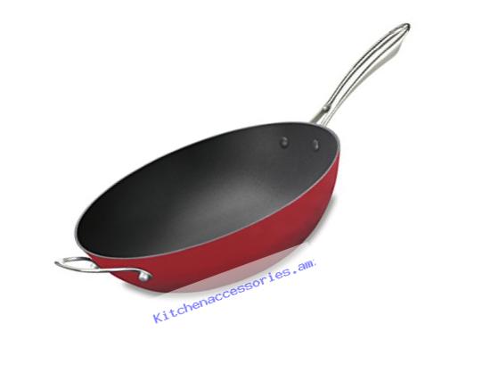 Cuisinart CIL26-32HR CastLite Non-Stick Cast Iron Open Stir Fry Pan with Helper, 5-Quart, Red