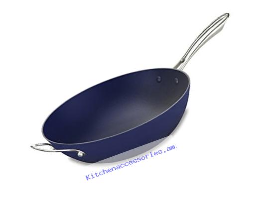 Cuisinart CIL26-32HBB CastLite Non-Stick Cast Iron Open Stir Fry Pan with Helper, 5-Quart, Blue on Blue