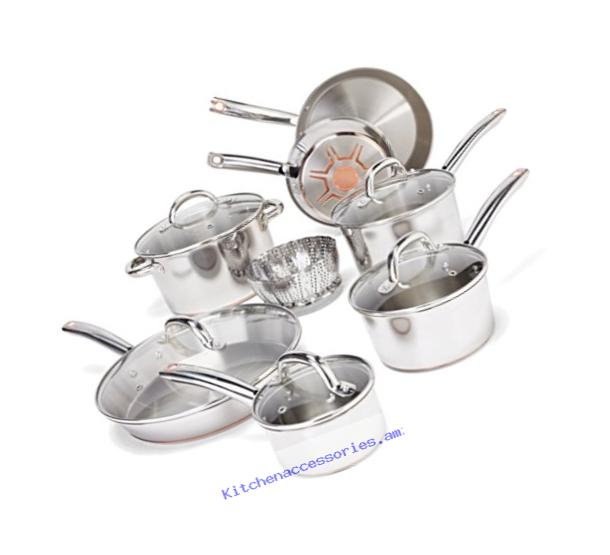 T-fal C836SD Ultimate Stainless Steel Copper-Bottom Heavy Gauge Multi-Layer Base Cookware Set, 13-Piece, Silver