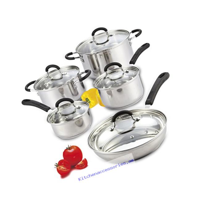 Cook N Home 10 Piece Stainless Steel Cookware Set with Encapsulated Bottom, Large, Silver