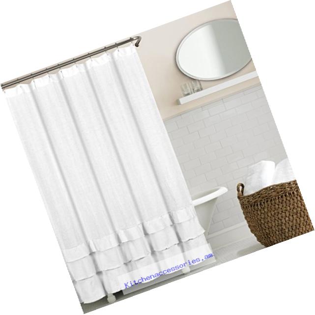 Echelon Home Ruffled Washed Belgian Linen Shower Curtain, White