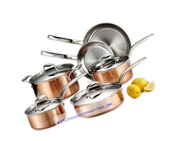 Lagostina Q554SA64 Martellata Tri-ply Hammered Stainless Steel Copper Oven Safe Cookware Set, 10-Piece, Copper